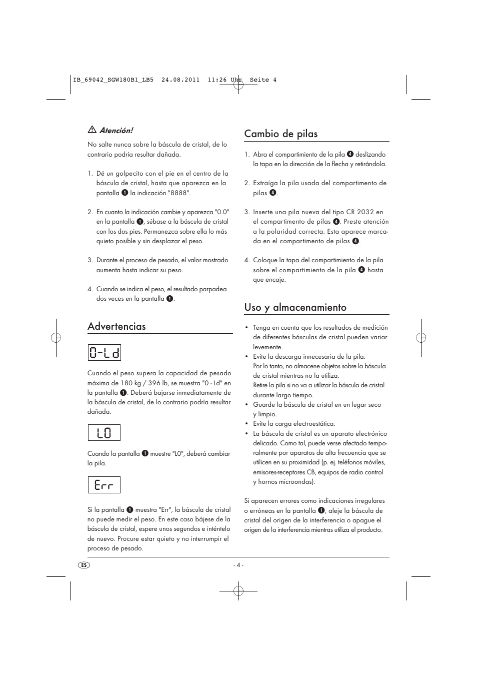 Advertencias, Cambio de pilas, Uso y almacenamiento | Atención | Silvercrest SGW 180 B1 User Manual | Page 6 / 32