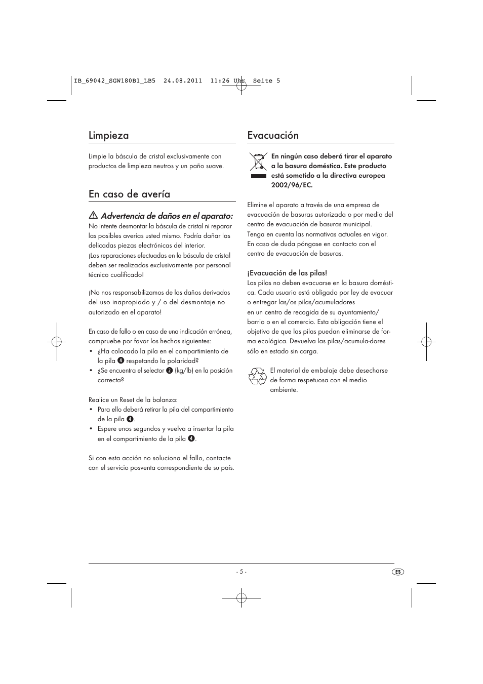 Limpieza, En caso de avería, Evacuación | Silvercrest SGW 180 B1 User Manual | Page 7 / 32