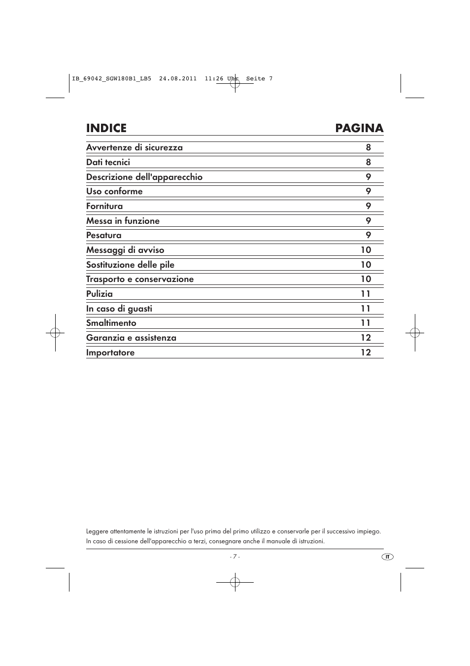 Indice pagina | Silvercrest SGW 180 B1 User Manual | Page 9 / 32