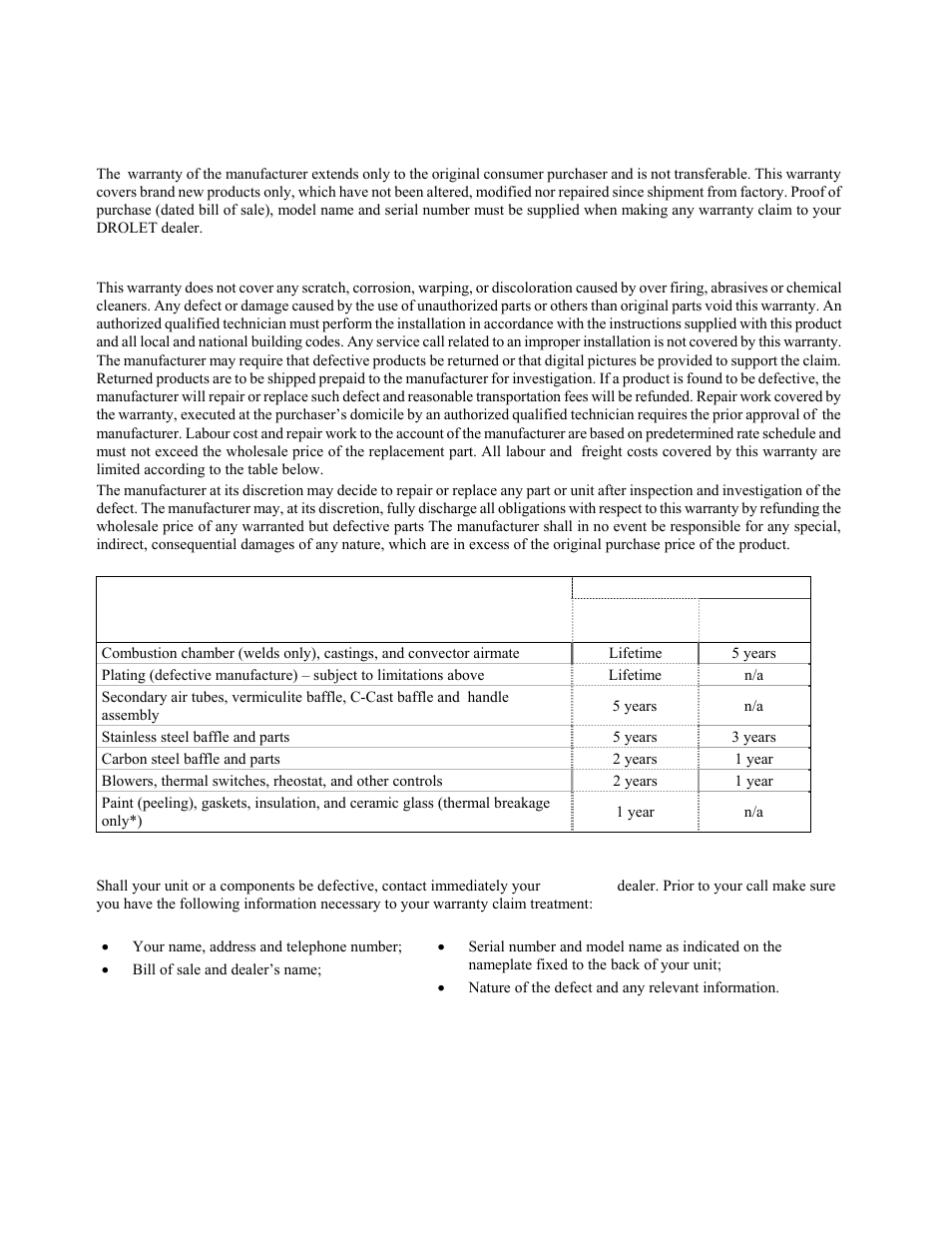 Drolet limited lifetime warranty | Drolet ESCAPE 1800 User Manual | Page 42 / 42