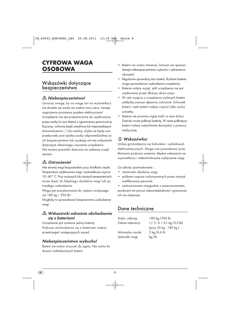 Cyfrowa waga osobowa, Wskazówki dotyczące bezpieczeństwa, Dane techniczne | Silvercrest SGW 180 B1 User Manual | Page 10 / 44