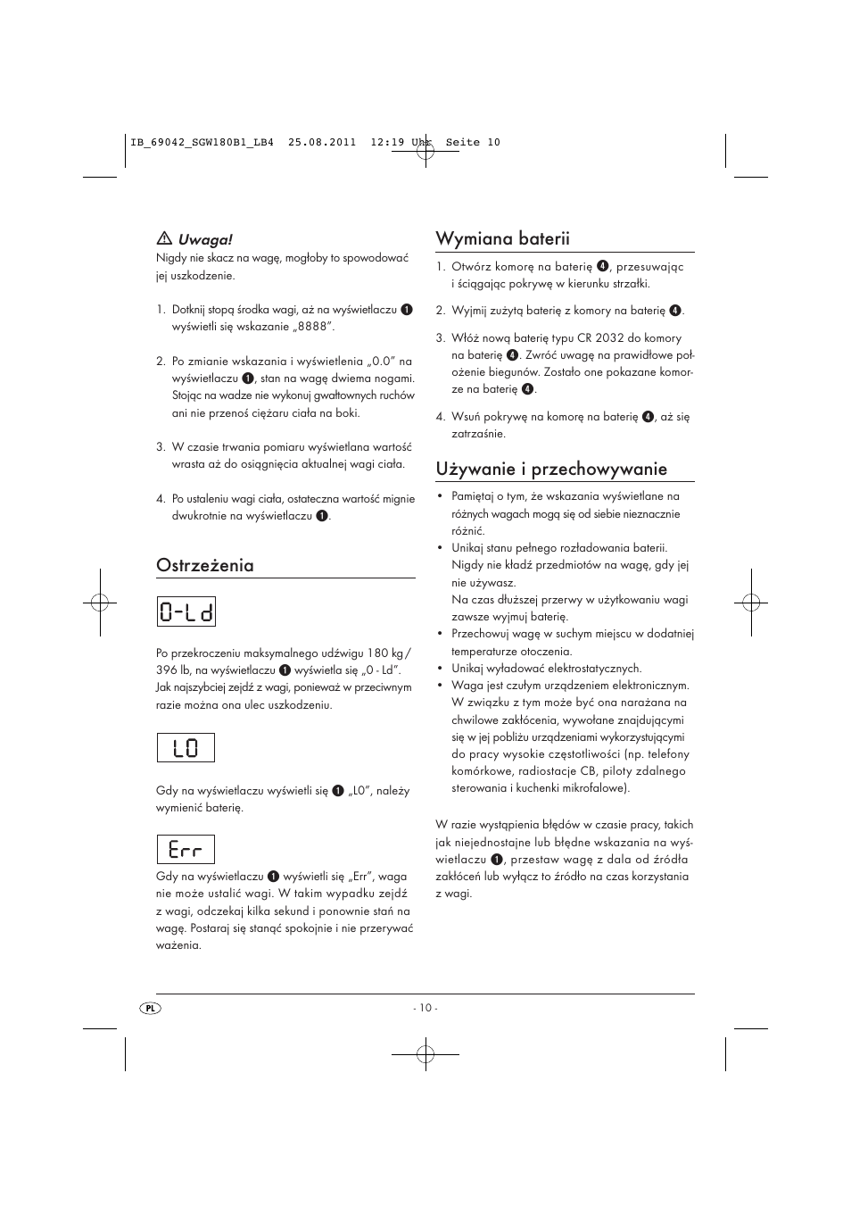 Ostrzeżenia, Wymiana baterii, Używanie i przechowywanie | Silvercrest SGW 180 B1 User Manual | Page 12 / 44