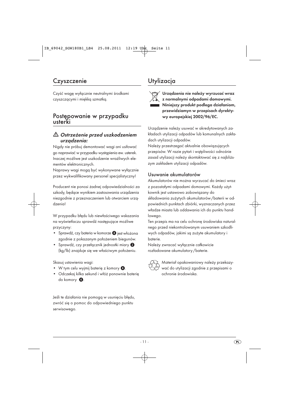 Czyszczenie, Postępowanie w przypadku usterki, Utylizacja | Silvercrest SGW 180 B1 User Manual | Page 13 / 44