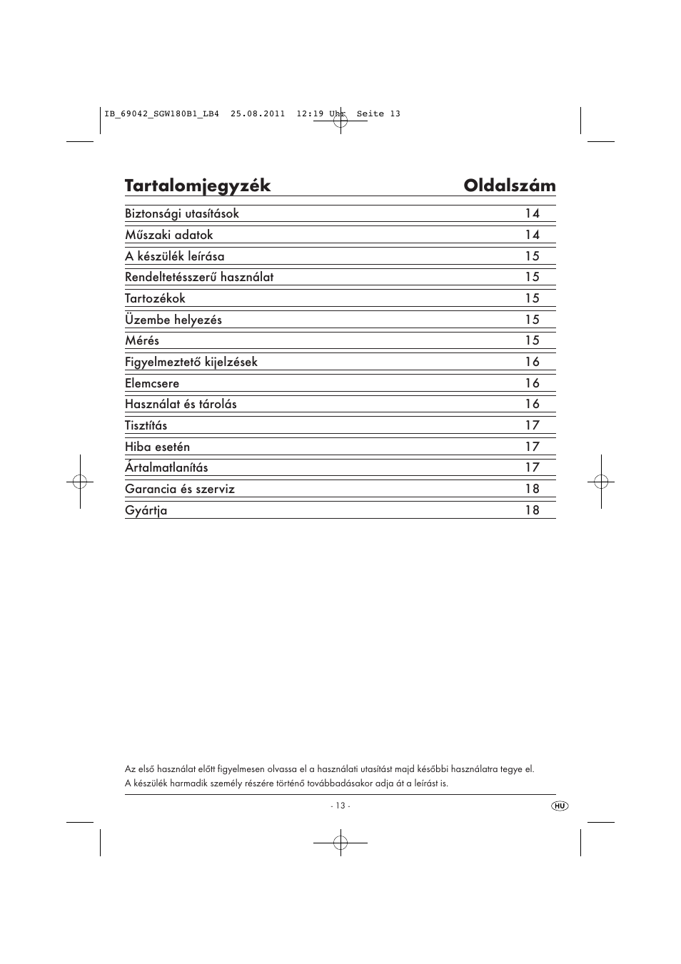 Tartalomjegyzék oldalszám | Silvercrest SGW 180 B1 User Manual | Page 15 / 44