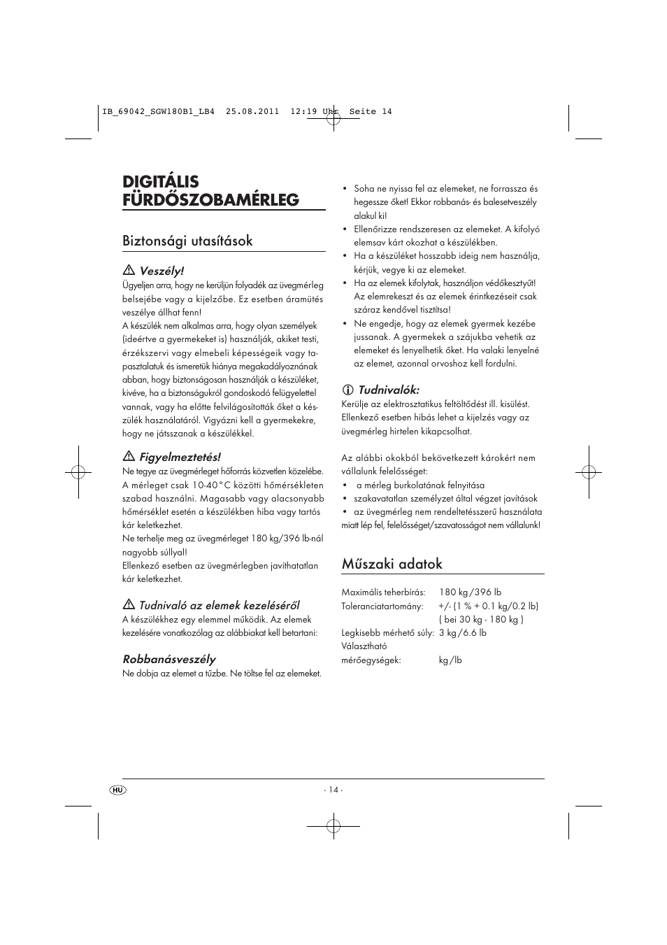 Digitális fürdőszobamérleg, Biztonsági utasítások, Műszaki adatok | Silvercrest SGW 180 B1 User Manual | Page 16 / 44