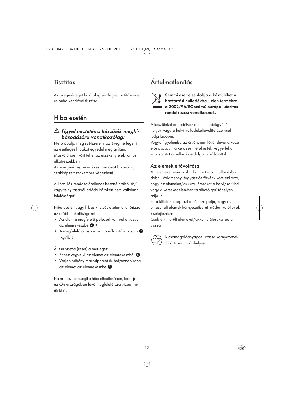 Tisztítás, Hiba esetén, Ártalmatlanítás | Silvercrest SGW 180 B1 User Manual | Page 19 / 44