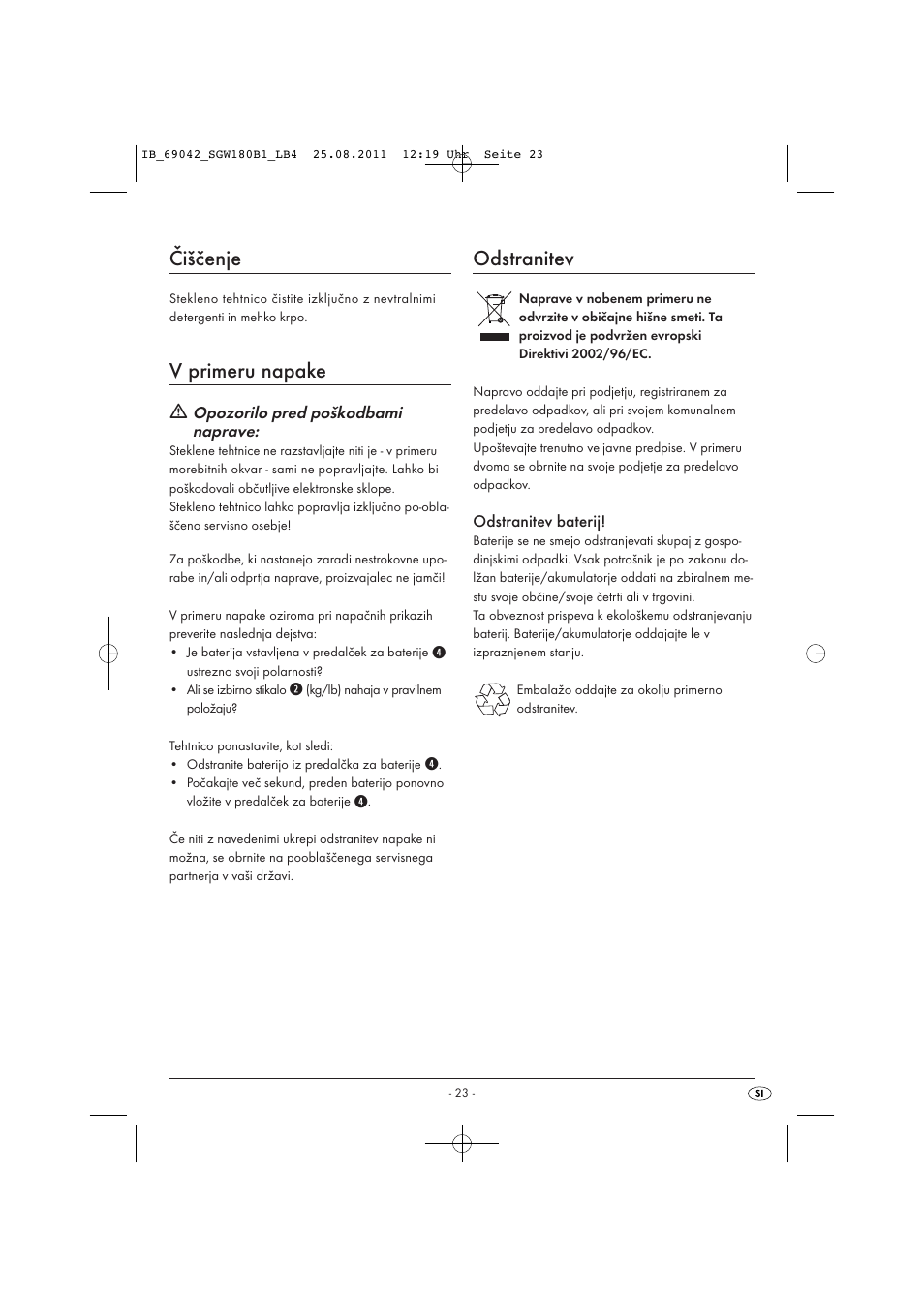 Čiščenje, V primeru napake, Odstranitev | Silvercrest SGW 180 B1 User Manual | Page 25 / 44