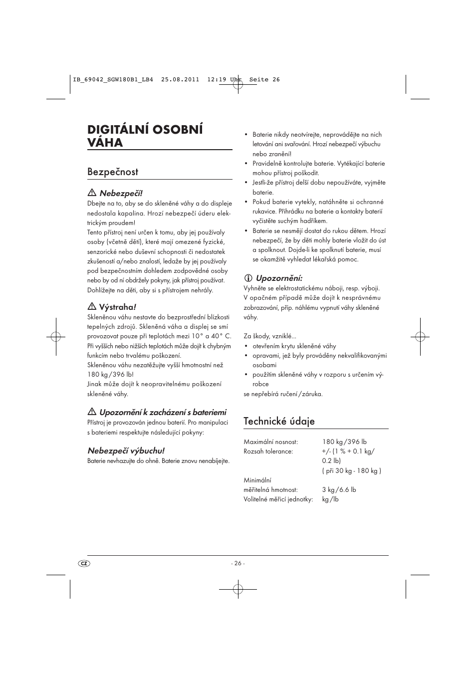Digitální osobní váha, Bezpečnost, Technické údaje | Silvercrest SGW 180 B1 User Manual | Page 28 / 44