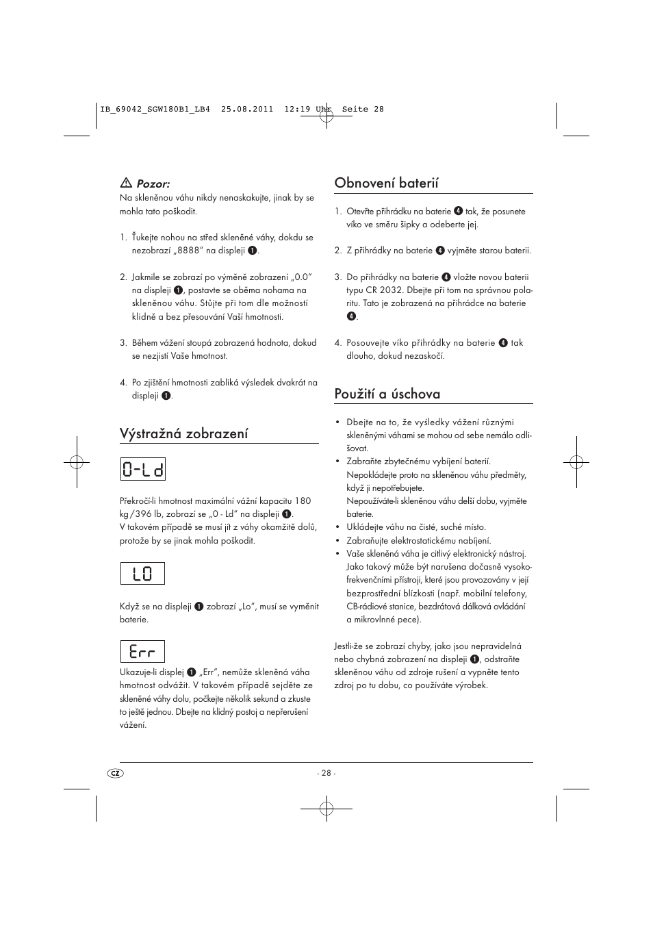 Výstražná zobrazení, Obnovení baterií, Použití a úschova | Silvercrest SGW 180 B1 User Manual | Page 30 / 44