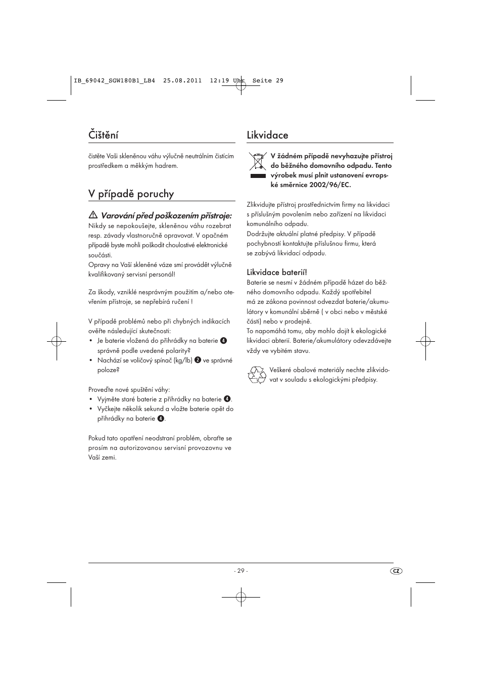 Čištění, V případě poruchy, Likvidace | Silvercrest SGW 180 B1 User Manual | Page 31 / 44