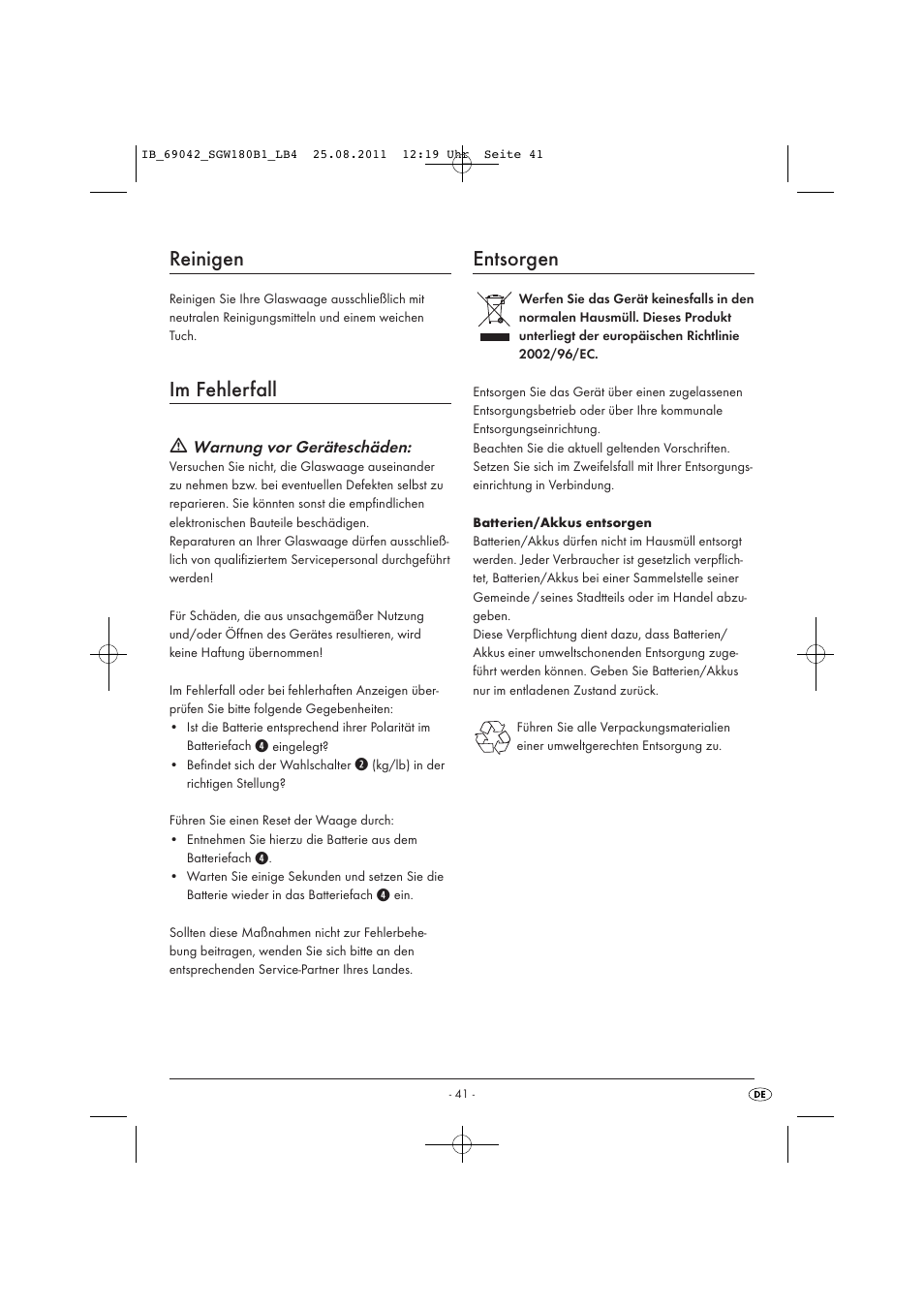 Reinigen, Im fehlerfall, Entsorgen | Silvercrest SGW 180 B1 User Manual | Page 43 / 44