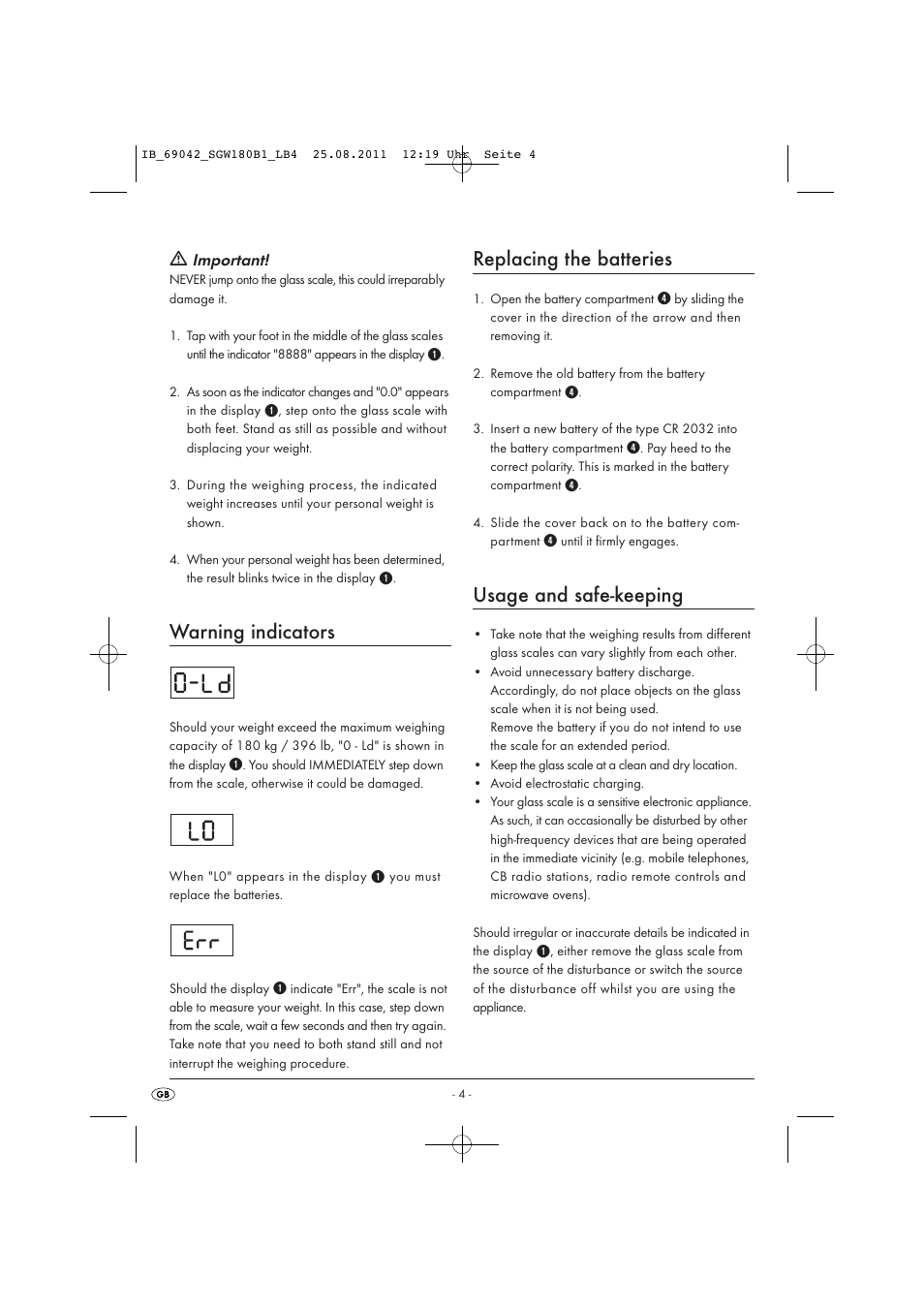 Warning indicators, Replacing the batteries, Usage and safe-keeping | Silvercrest SGW 180 B1 User Manual | Page 6 / 44