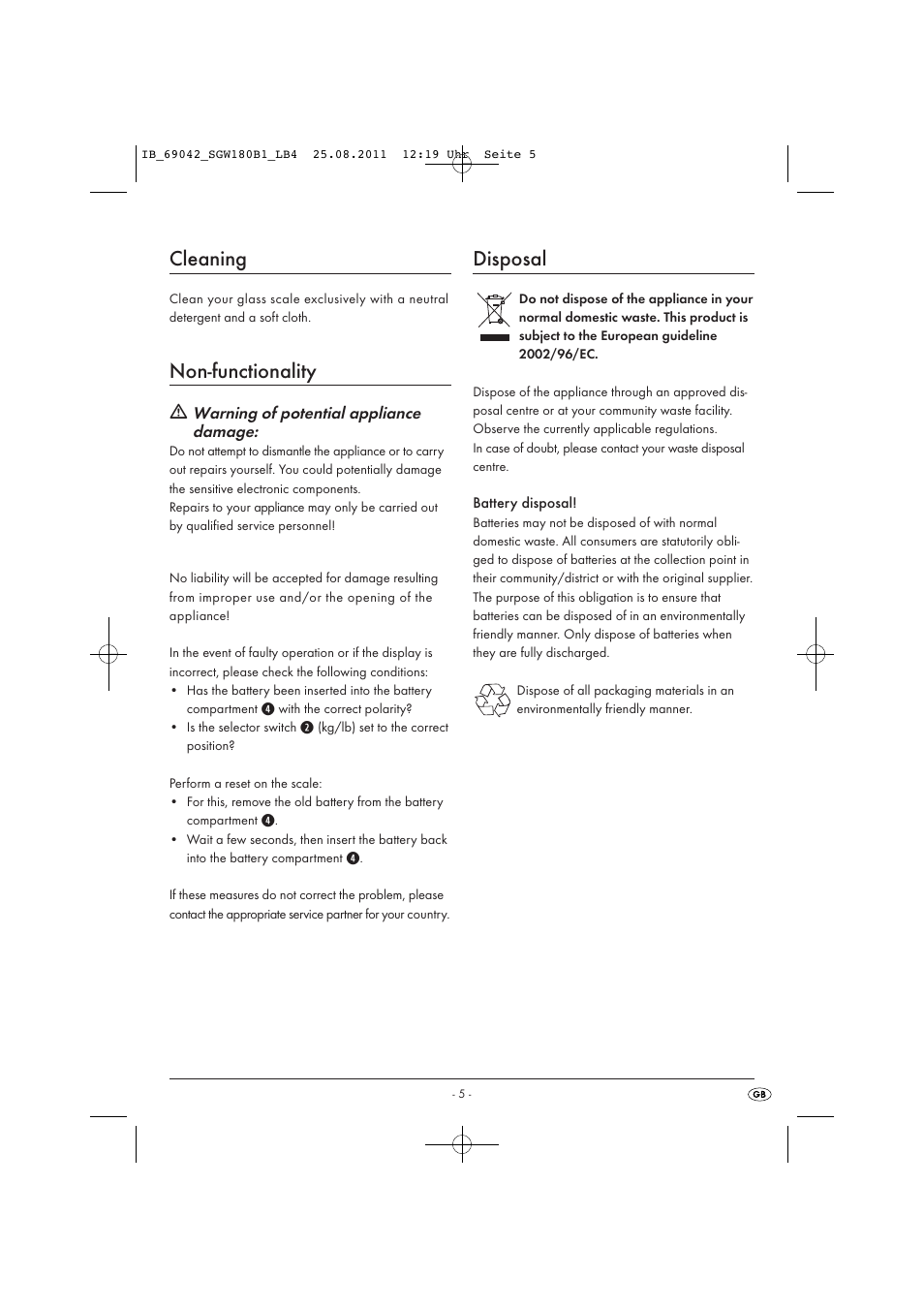 Cleaning, Non-functionality, Disposal | Silvercrest SGW 180 B1 User Manual | Page 7 / 44