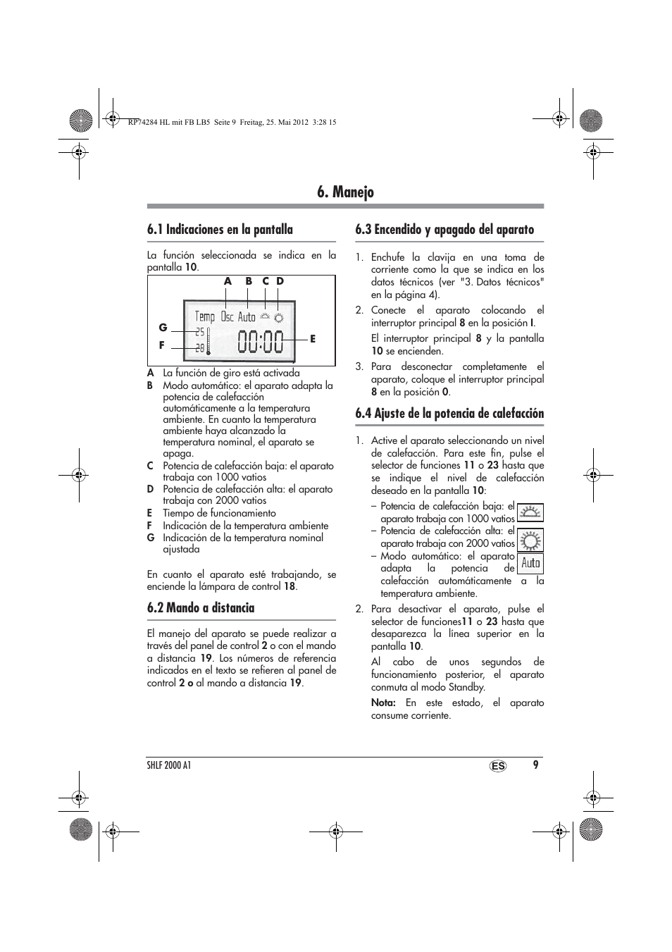 Manejo, 1 indicaciones en la pantalla, 2 mando a distancia | 3 encendido y apagado del aparato, 4 ajuste de la potencia de calefacción | Silvercrest SHLF 2000 A1 User Manual | Page 11 / 66