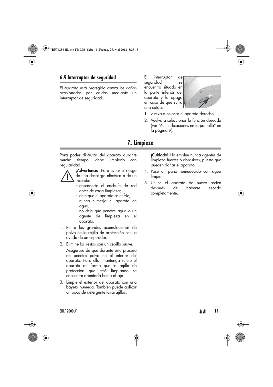 Limpieza, 9 interruptor de seguridad | Silvercrest SHLF 2000 A1 User Manual | Page 13 / 66