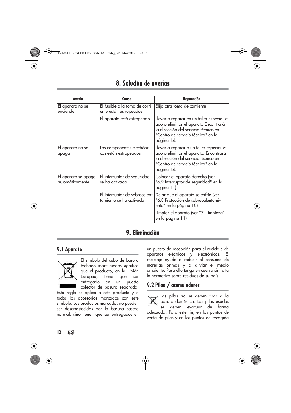 Solución de averías 9. eliminación, 1 aparato, 2 pilas / acumuladores | Silvercrest SHLF 2000 A1 User Manual | Page 14 / 66