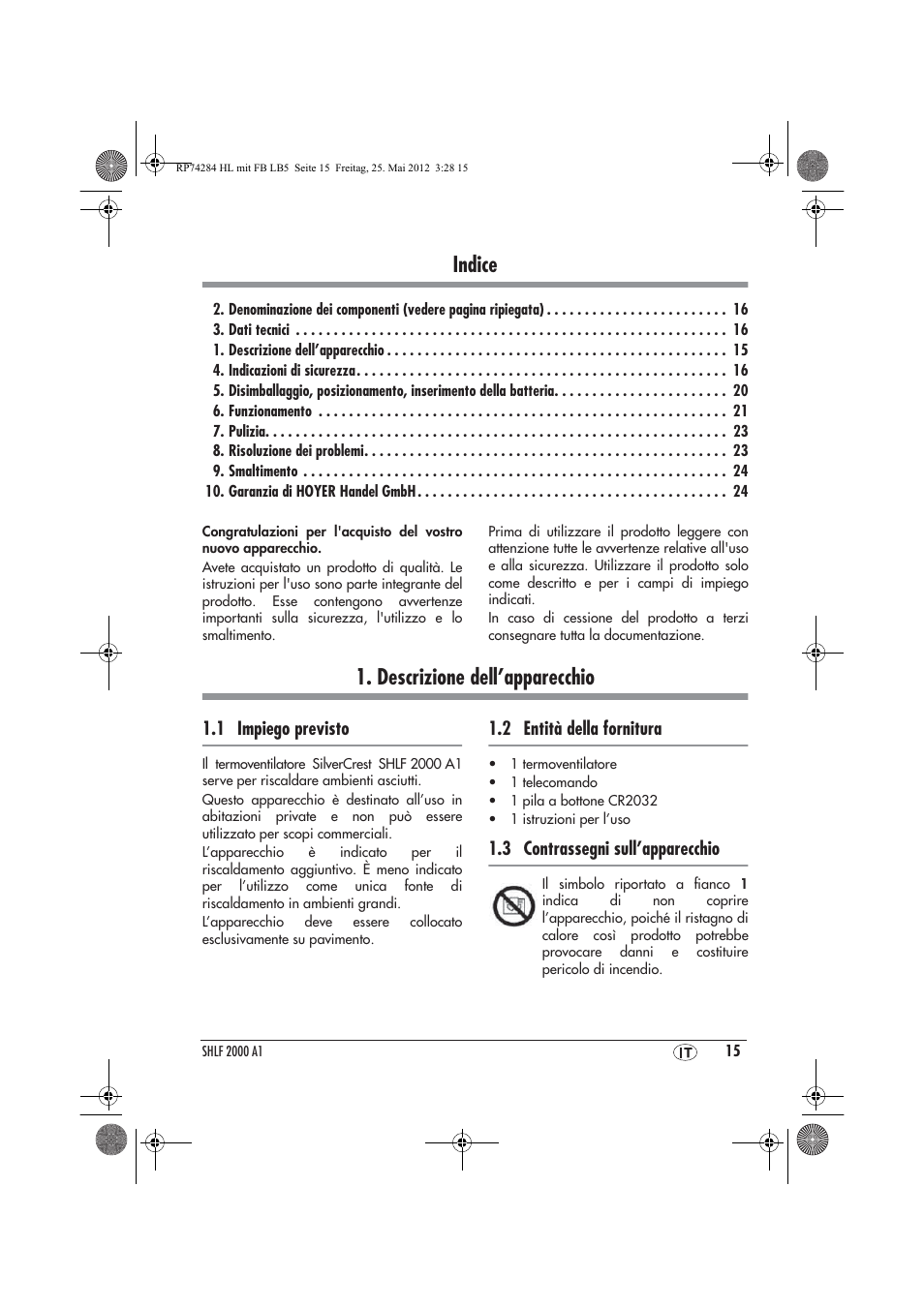 Indice, Descrizione dell’apparecchio | Silvercrest SHLF 2000 A1 User Manual | Page 17 / 66