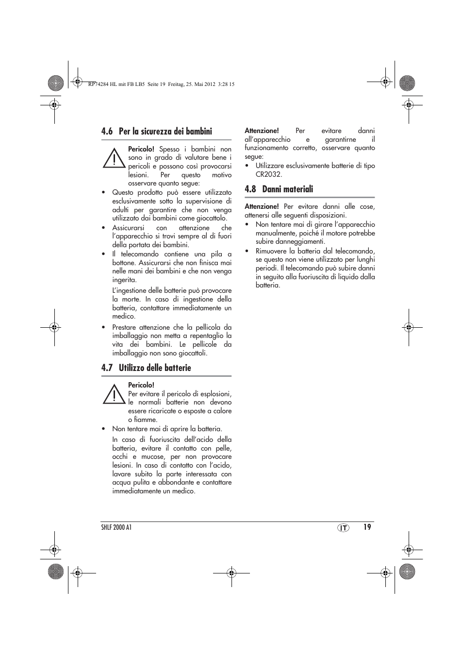 6 per la sicurezza dei bambini, 7 utilizzo delle batterie, 8 danni materiali | Silvercrest SHLF 2000 A1 User Manual | Page 21 / 66