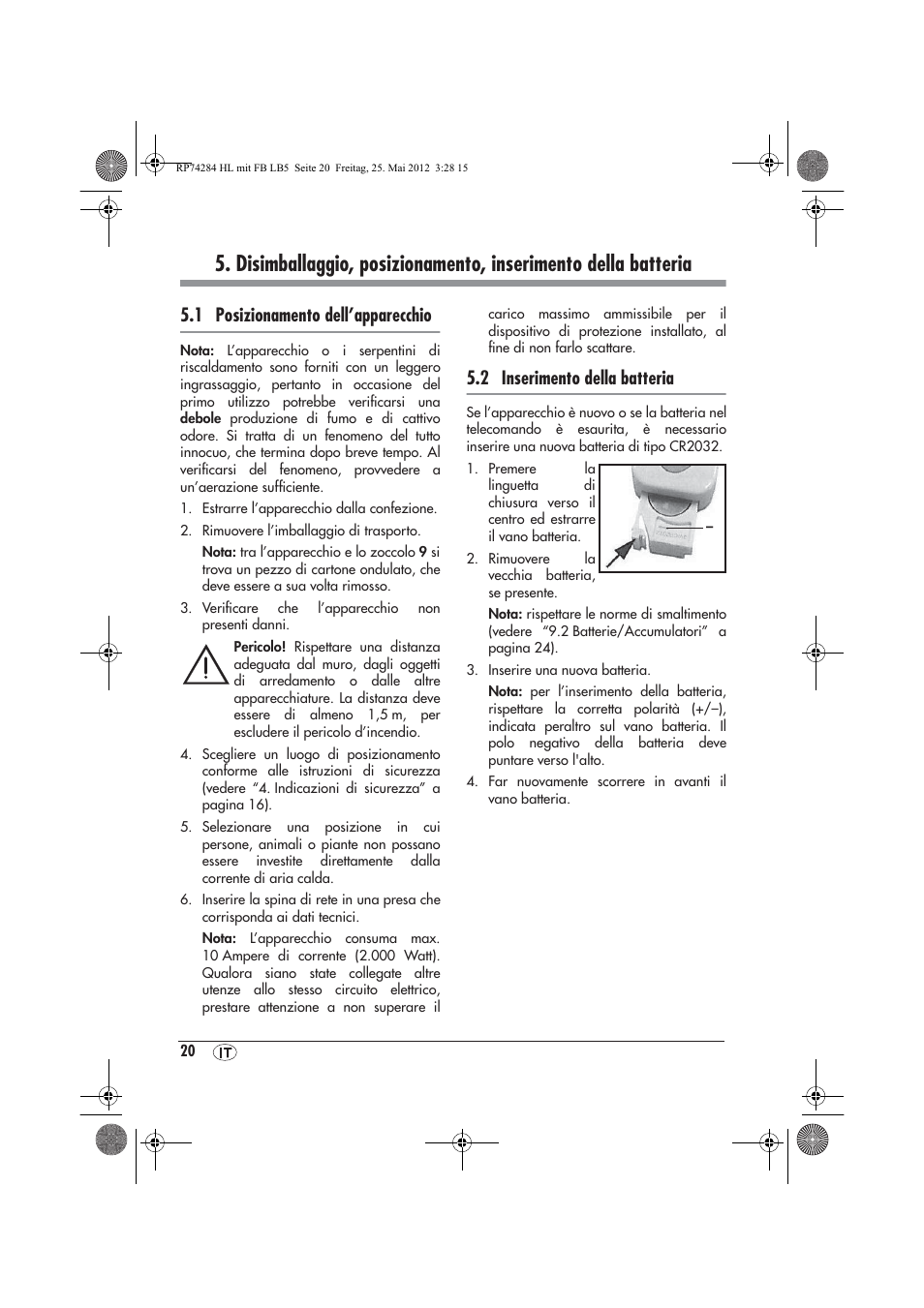 1 posizionamento dell’apparecchio, 2 inserimento della batteria | Silvercrest SHLF 2000 A1 User Manual | Page 22 / 66