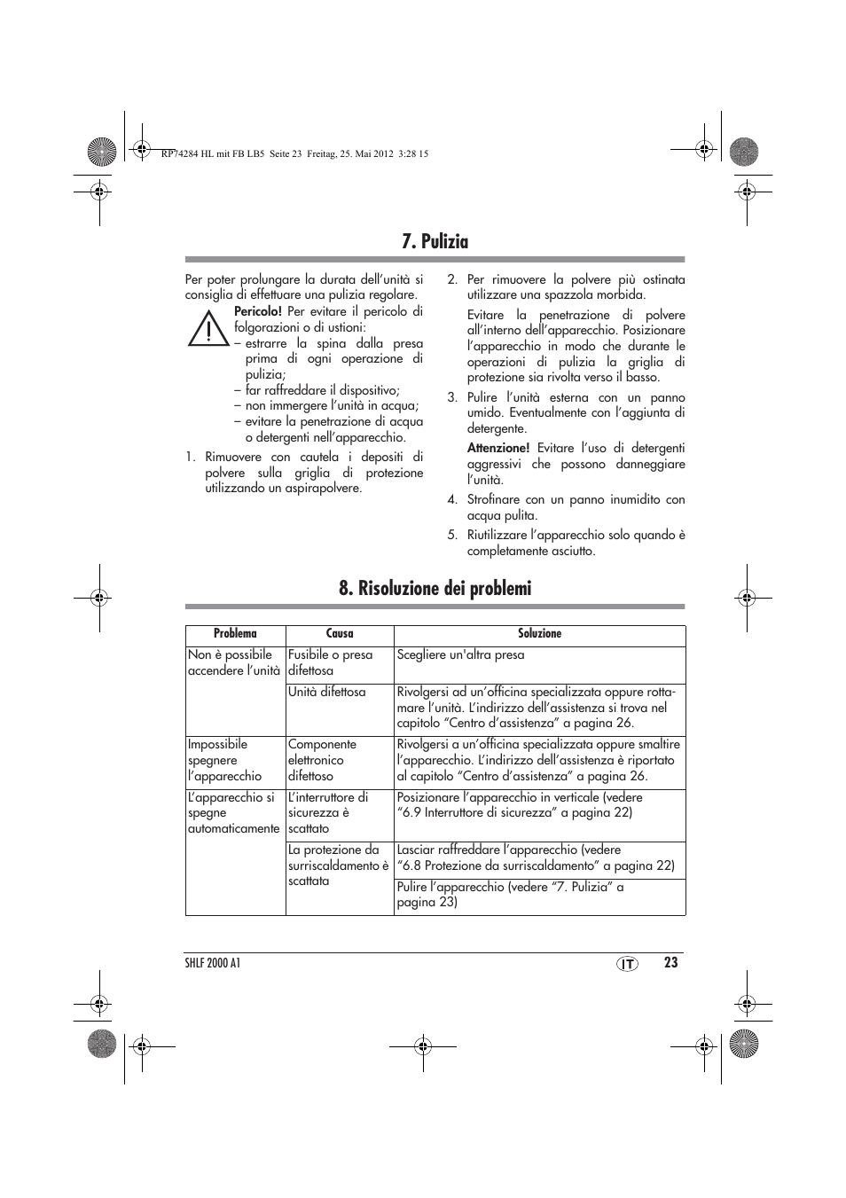 Pulizia, Risoluzione dei problemi | Silvercrest SHLF 2000 A1 User Manual | Page 25 / 66