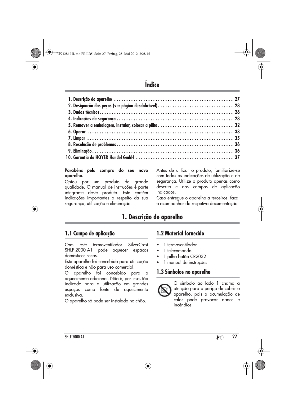 Índice, Descrição do aparelho | Silvercrest SHLF 2000 A1 User Manual | Page 29 / 66