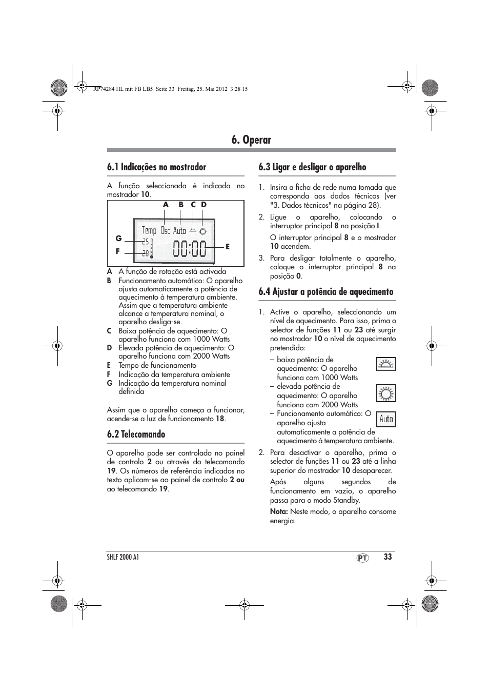 Operar, 1 indicações no mostrador, 2 telecomando | 3 ligar e desligar o aparelho, 4 ajustar a potência de aquecimento | Silvercrest SHLF 2000 A1 User Manual | Page 35 / 66