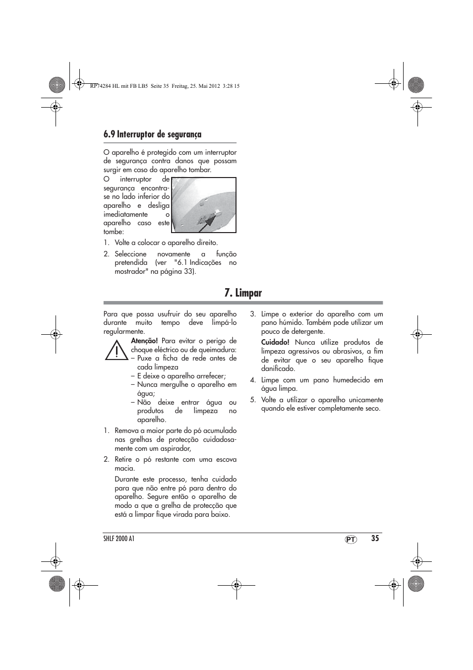 Limpar, 9 interruptor de segurança | Silvercrest SHLF 2000 A1 User Manual | Page 37 / 66