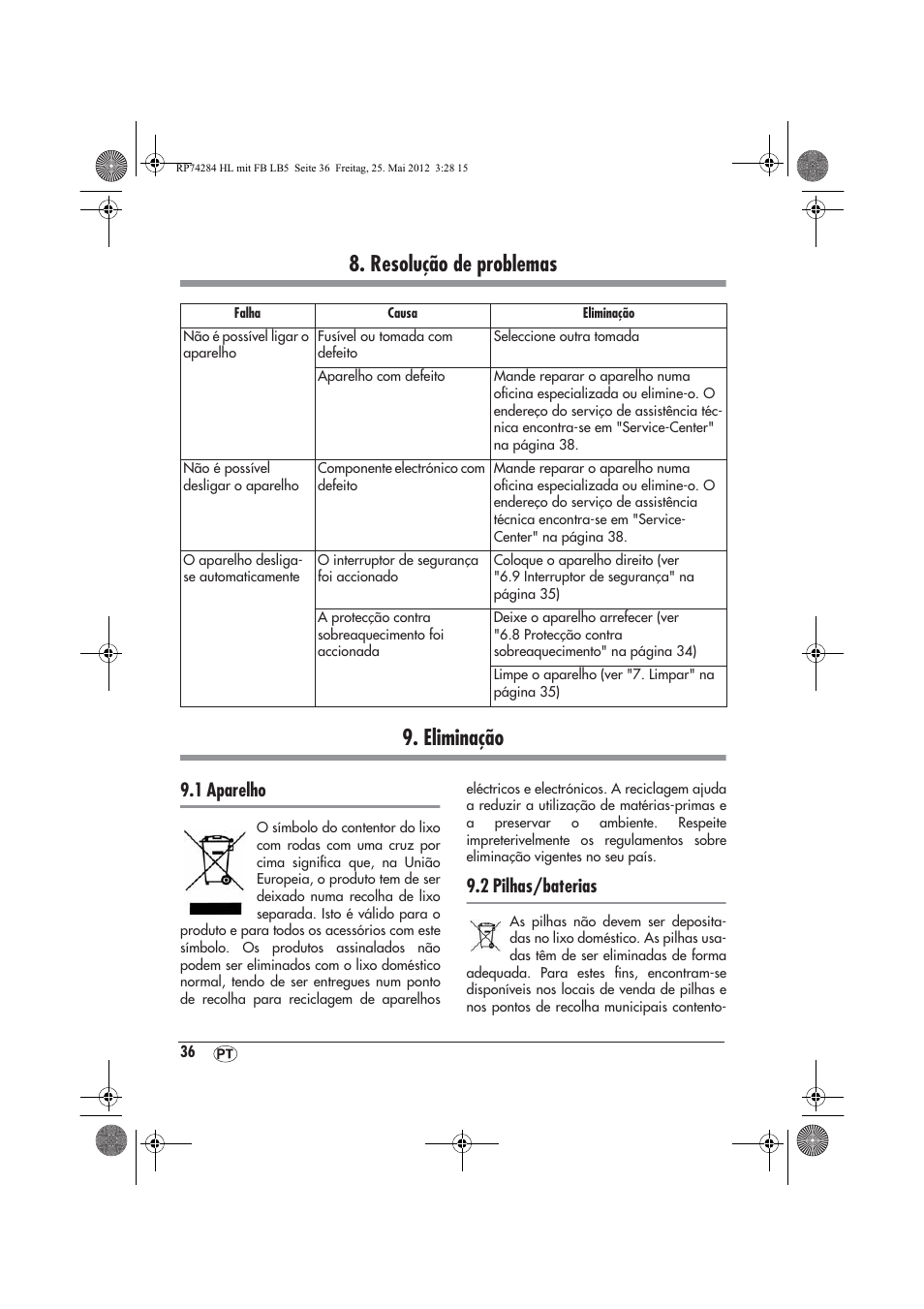 Resolução de problemas 9. eliminação, 1 aparelho, 2 pilhas/baterias | Silvercrest SHLF 2000 A1 User Manual | Page 38 / 66