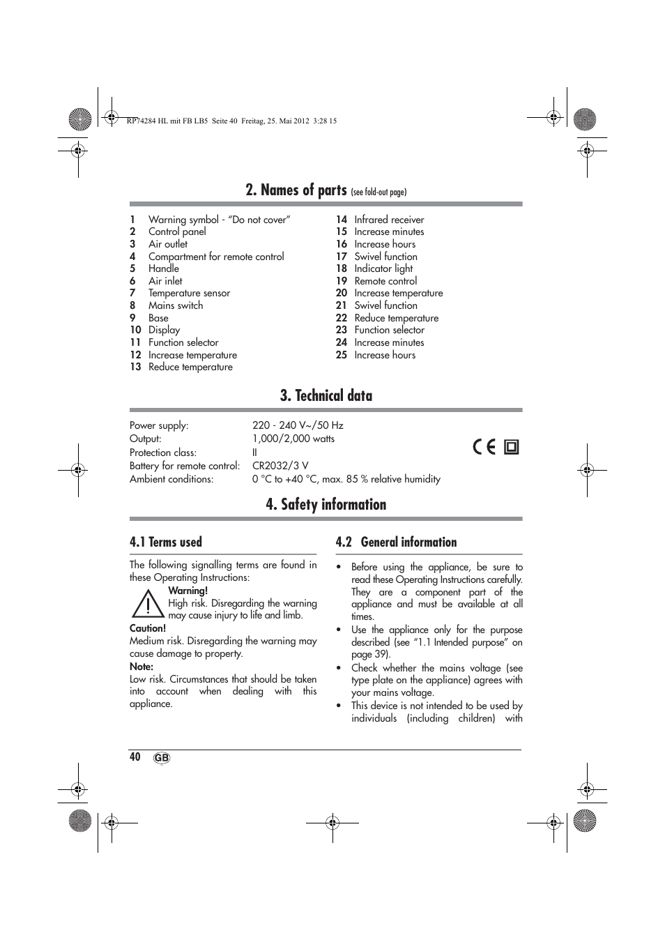 Names of parts, Technical data, Safety information | 1 terms used, 2 general information | Silvercrest SHLF 2000 A1 User Manual | Page 42 / 66