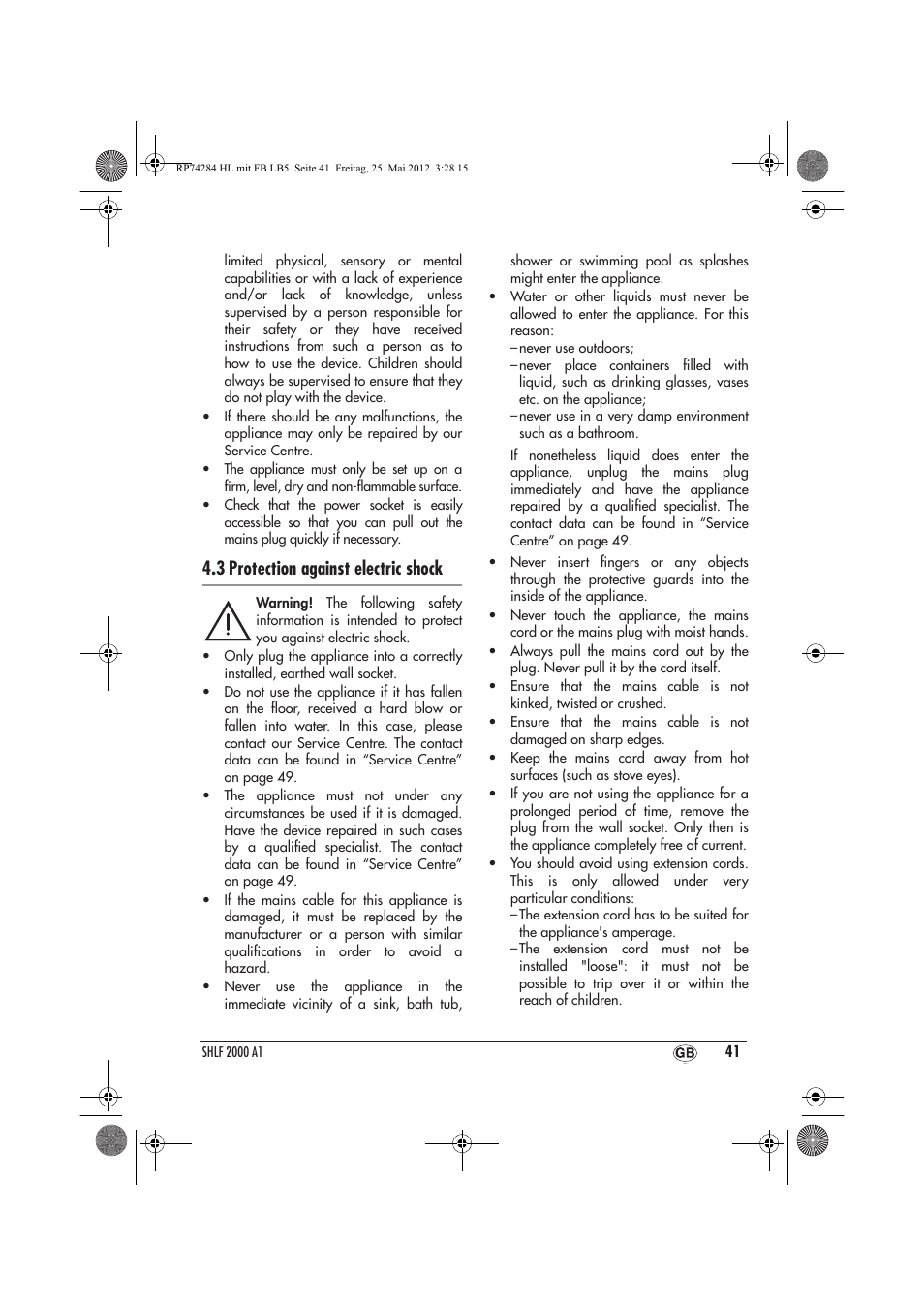 3 protection against electric shock | Silvercrest SHLF 2000 A1 User Manual | Page 43 / 66