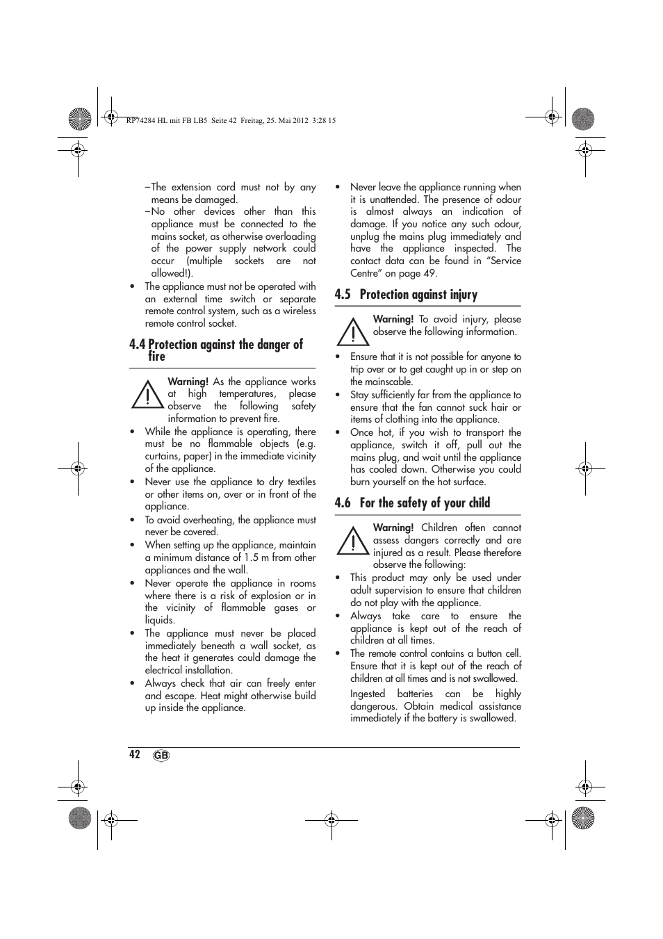 4 protection against the danger of ﬁre, 5 protection against injury, 6 for the safety of your child | Silvercrest SHLF 2000 A1 User Manual | Page 44 / 66