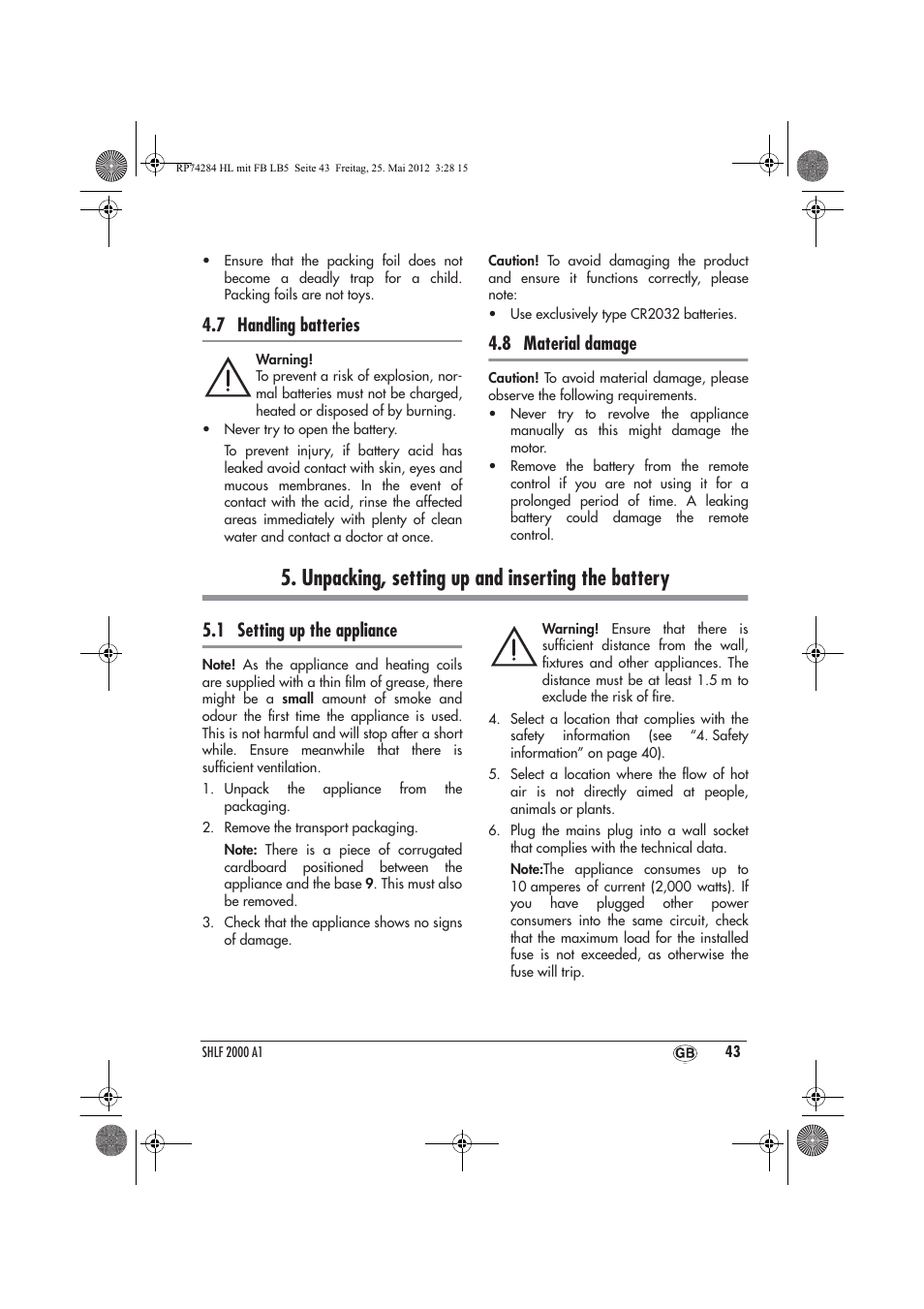 Unpacking, setting up and inserting the battery, 7 handling batteries, 8 material damage | 1 setting up the appliance | Silvercrest SHLF 2000 A1 User Manual | Page 45 / 66