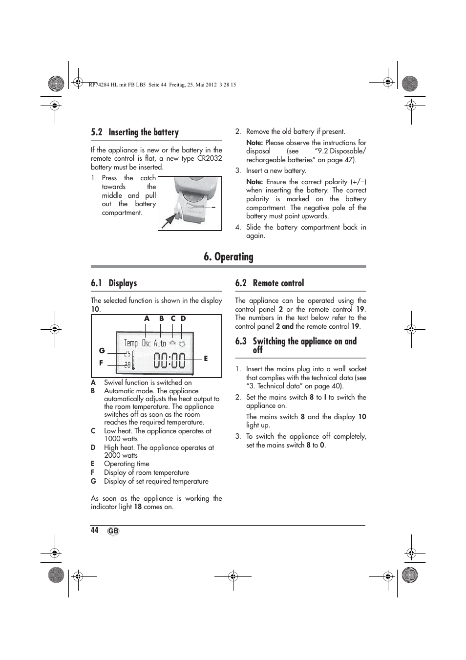 Operating, 2 inserting the battery, 1 displays | 2 remote control, 3 switching the appliance on and off | Silvercrest SHLF 2000 A1 User Manual | Page 46 / 66