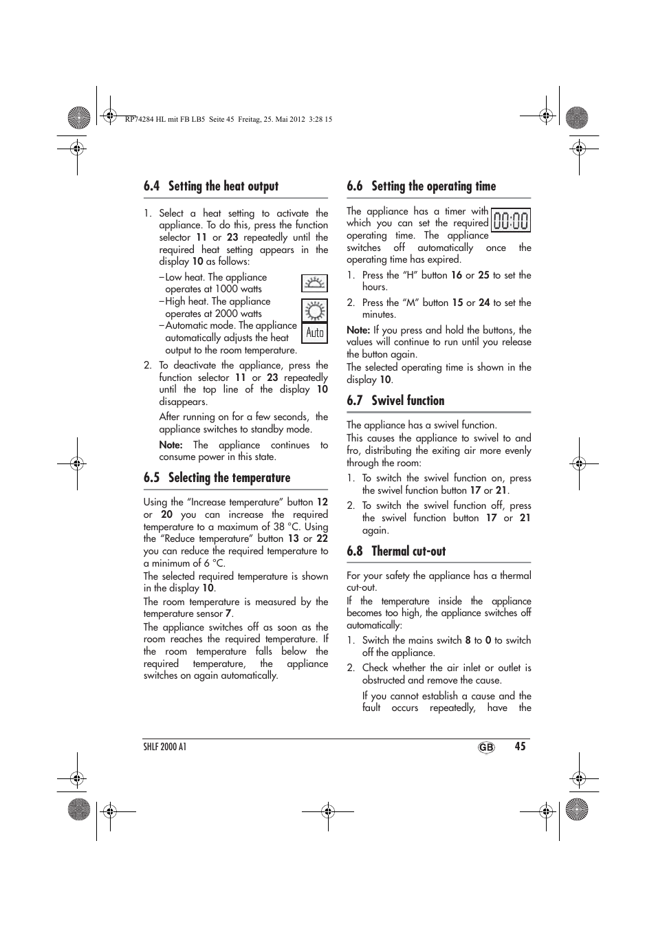 4 setting the heat output, 5 selecting the temperature, 6 setting the operating time | 7 swivel function, 8 thermal cut-out | Silvercrest SHLF 2000 A1 User Manual | Page 47 / 66