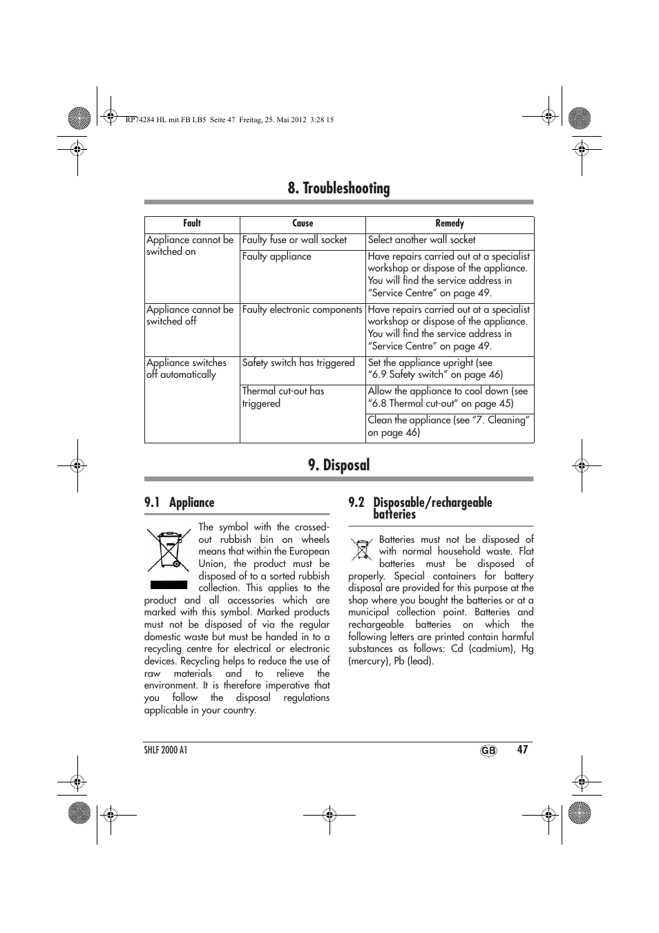 Troubleshooting 9. disposal, 1 appliance, 2 disposable/rechargeable batteries | Silvercrest SHLF 2000 A1 User Manual | Page 49 / 66