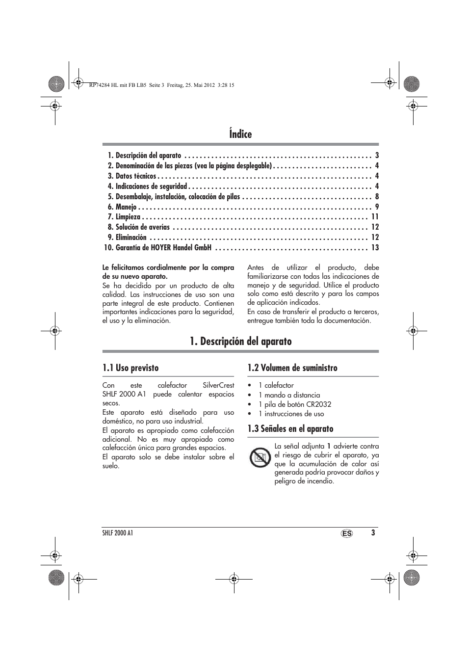 Índice, Descripción del aparato | Silvercrest SHLF 2000 A1 User Manual | Page 5 / 66