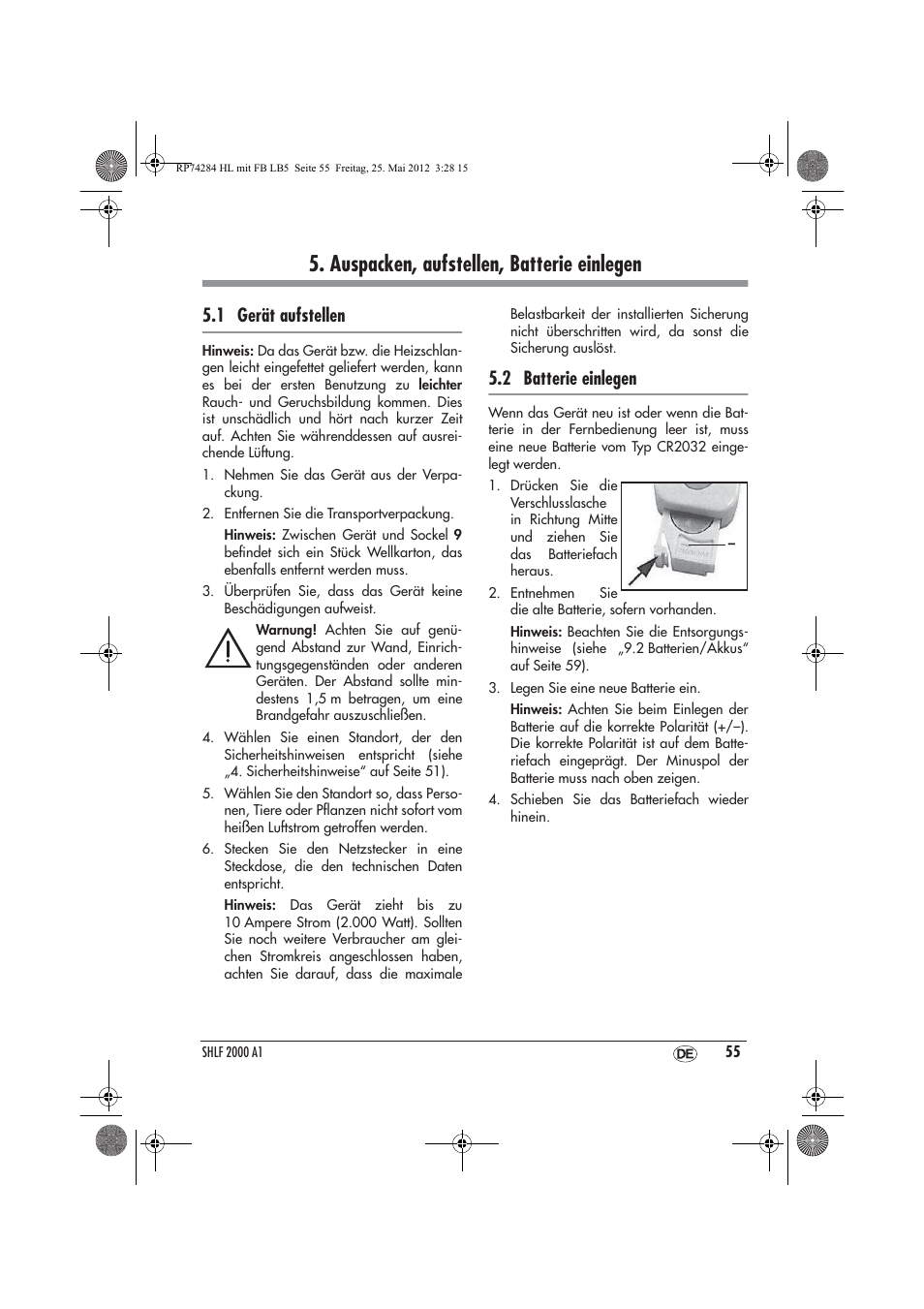 Auspacken, aufstellen, batterie einlegen, 1 gerät aufstellen, 2 batterie einlegen | Silvercrest SHLF 2000 A1 User Manual | Page 57 / 66