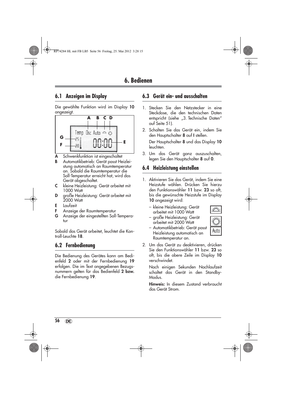 Bedienen, 1 anzeigen im display, 2 fernbedienung | 3 gerät ein- und ausschalten, 4 heizleistung einstellen | Silvercrest SHLF 2000 A1 User Manual | Page 58 / 66