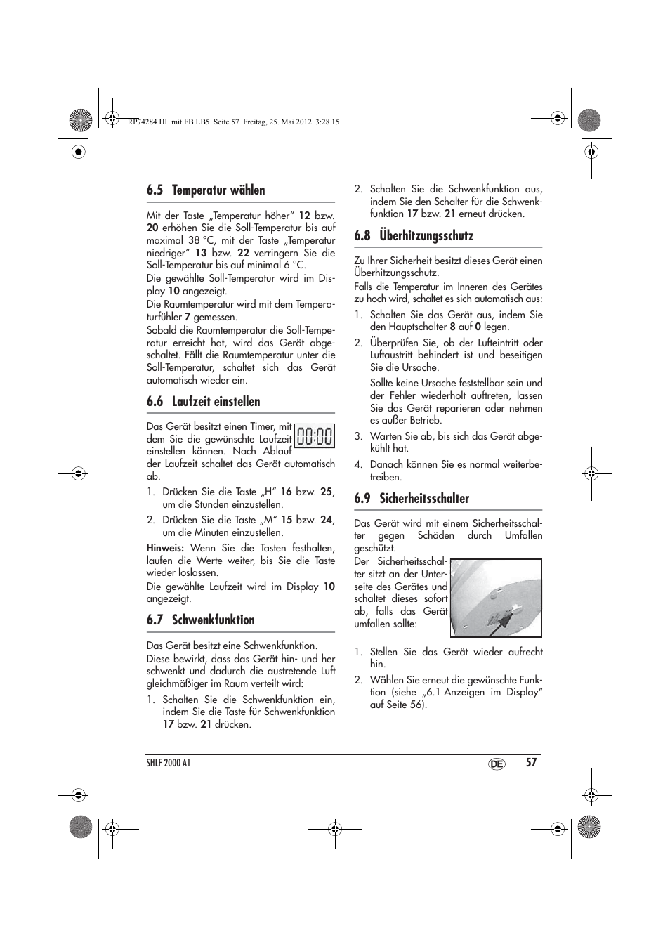 5 temperatur wählen, 6 laufzeit einstellen, 7 schwenkfunktion | 8 überhitzungsschutz, 9 sicherheitsschalter | Silvercrest SHLF 2000 A1 User Manual | Page 59 / 66