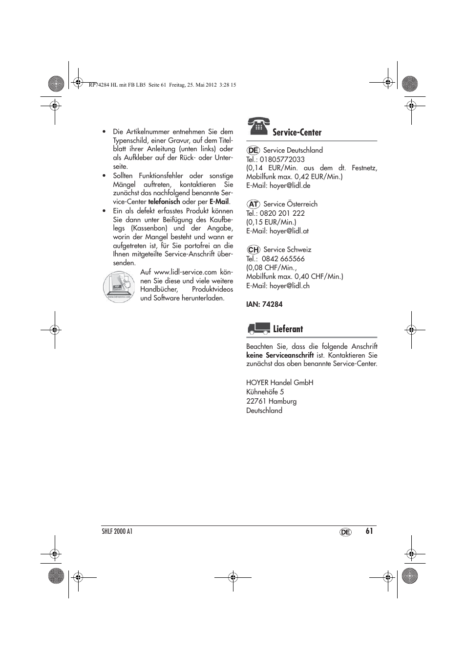 Service-center, Lieferant | Silvercrest SHLF 2000 A1 User Manual | Page 63 / 66