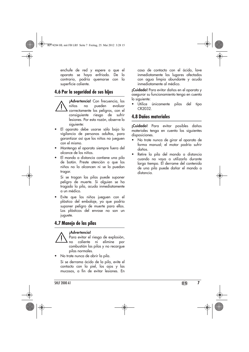 6 por la seguridad de sus hijos, 7 manejo de las pilas, 8 daños materiales | Silvercrest SHLF 2000 A1 User Manual | Page 9 / 66