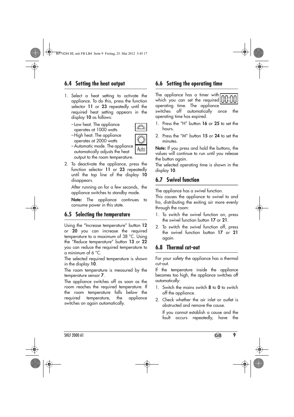 4 setting the heat output, 5 selecting the temperature, 6 setting the operating time | 7 swivel function, 8 thermal cut-out | Silvercrest SHLF 2000 A1 User Manual | Page 11 / 90