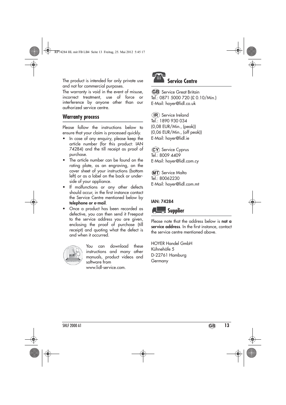 Warranty process, Service centre, Supplier | Silvercrest SHLF 2000 A1 User Manual | Page 15 / 90