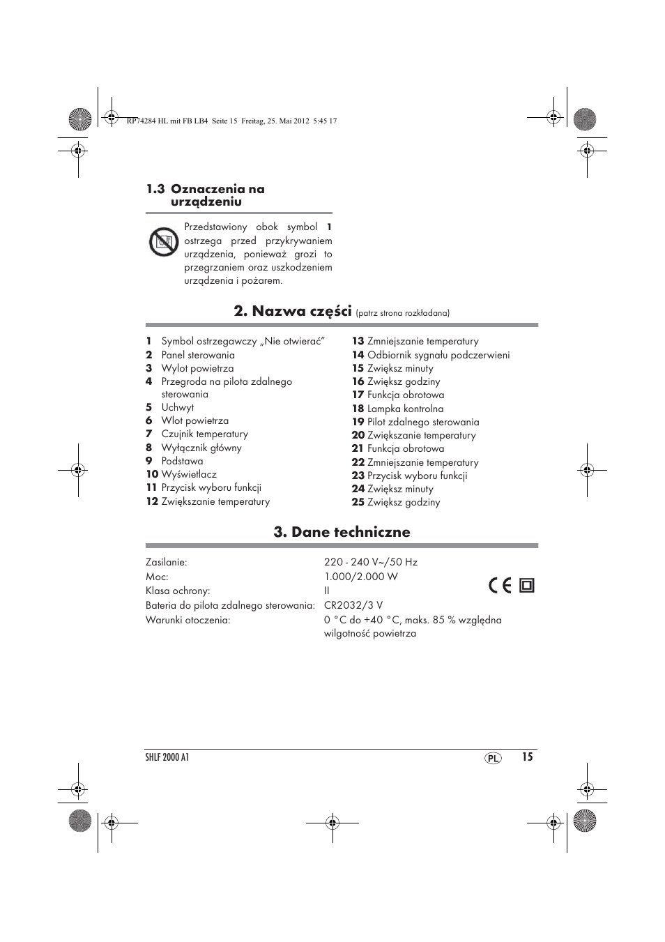 Nazwa części, Dane techniczne | Silvercrest SHLF 2000 A1 User Manual | Page 17 / 90