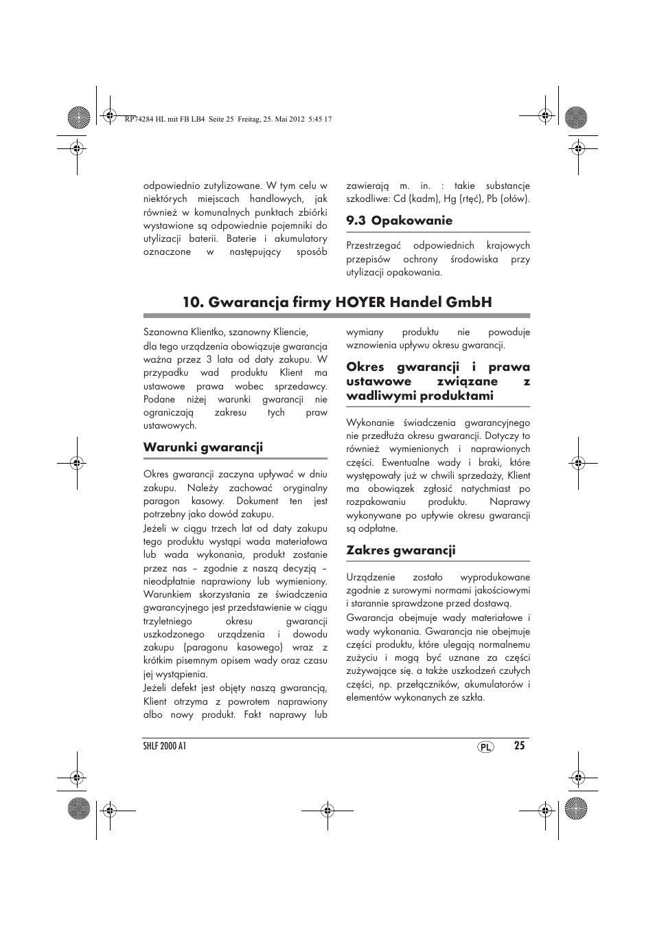 Gwarancja firmy hoyer handel gmbh | Silvercrest SHLF 2000 A1 User Manual | Page 27 / 90