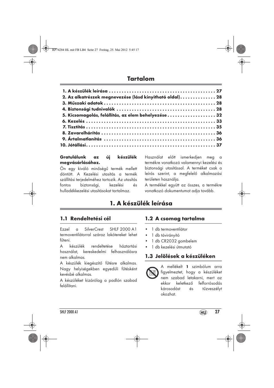 Tartalom, A készülék leírása | Silvercrest SHLF 2000 A1 User Manual | Page 29 / 90