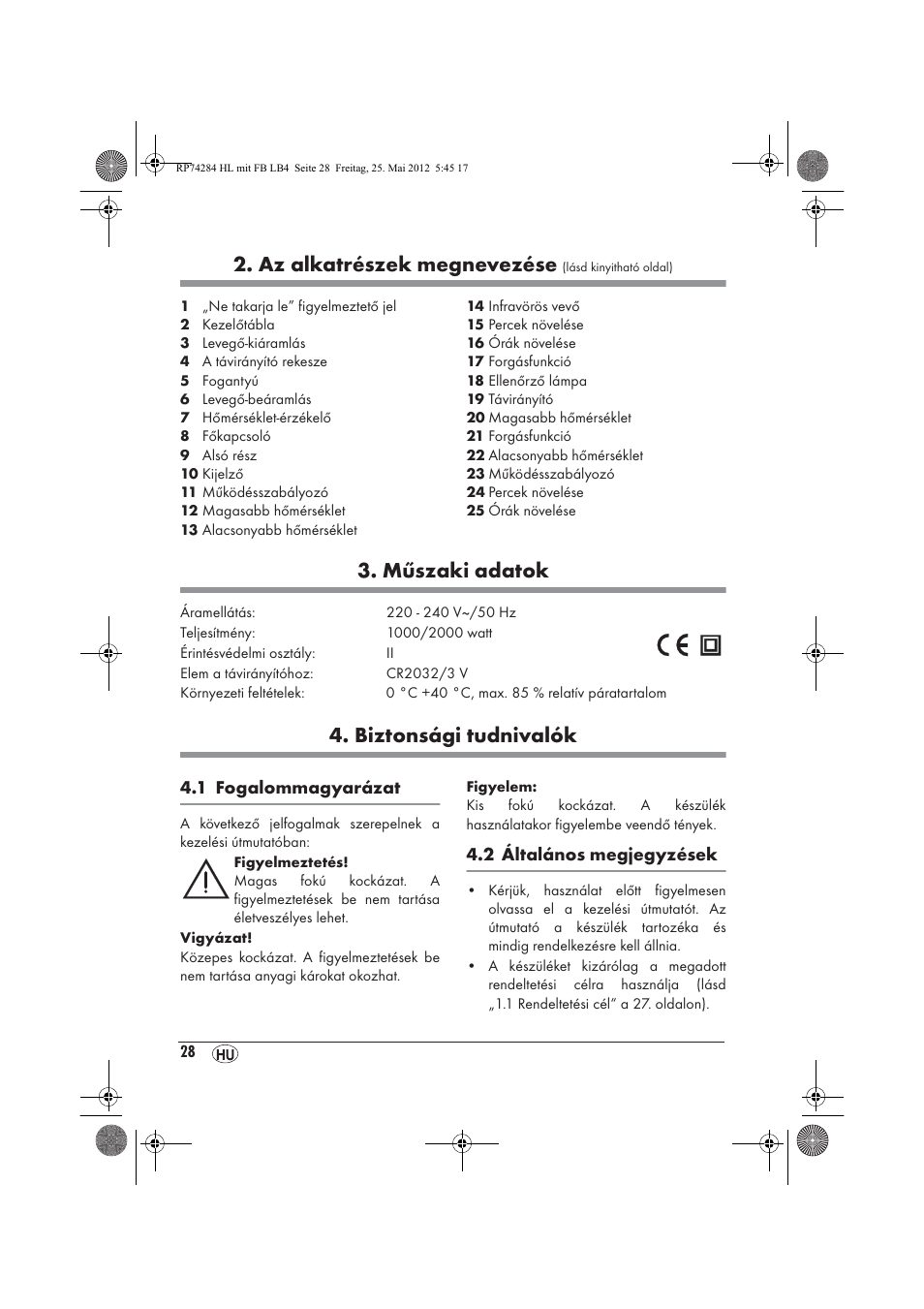 Az alkatrészek megnevezése, Műszaki adatok, Biztonsági tudnivalók | Silvercrest SHLF 2000 A1 User Manual | Page 30 / 90