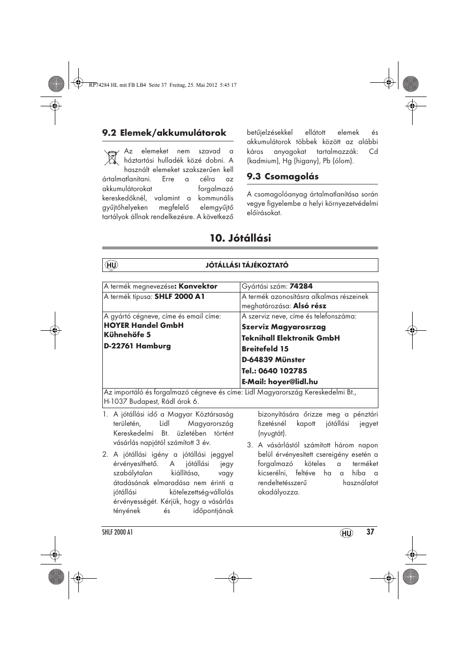 Jótállási | Silvercrest SHLF 2000 A1 User Manual | Page 39 / 90