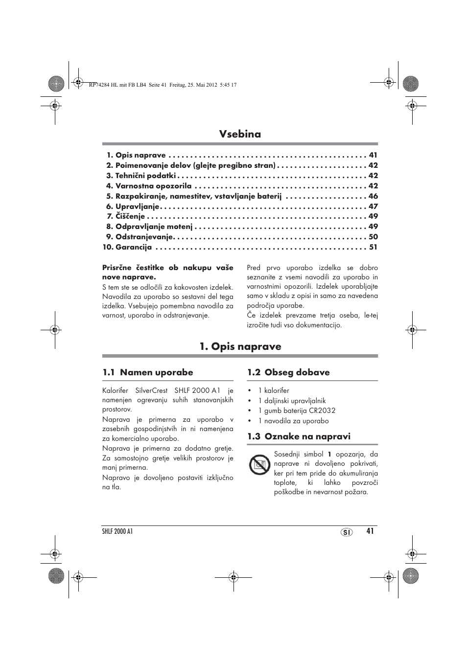 Vsebina, Opis naprave | Silvercrest SHLF 2000 A1 User Manual | Page 43 / 90
