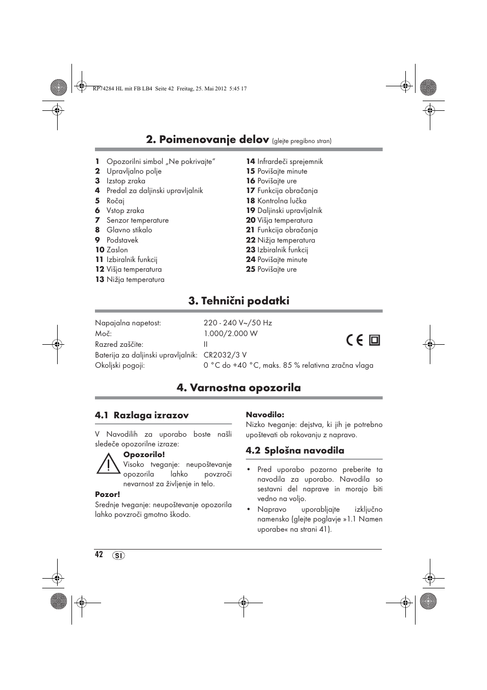 Poimenovanje delov, Tehnični podatki, Varnostna opozorila | Silvercrest SHLF 2000 A1 User Manual | Page 44 / 90